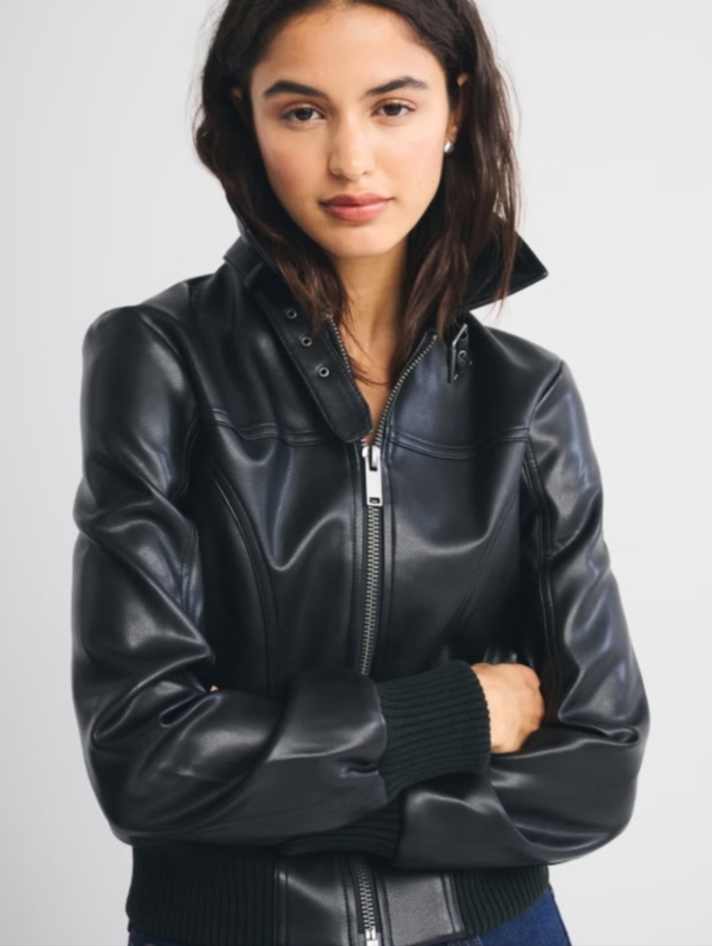 ABERCROMBIE & FITCH Vegan Leather Shrunken Bomber Jacket